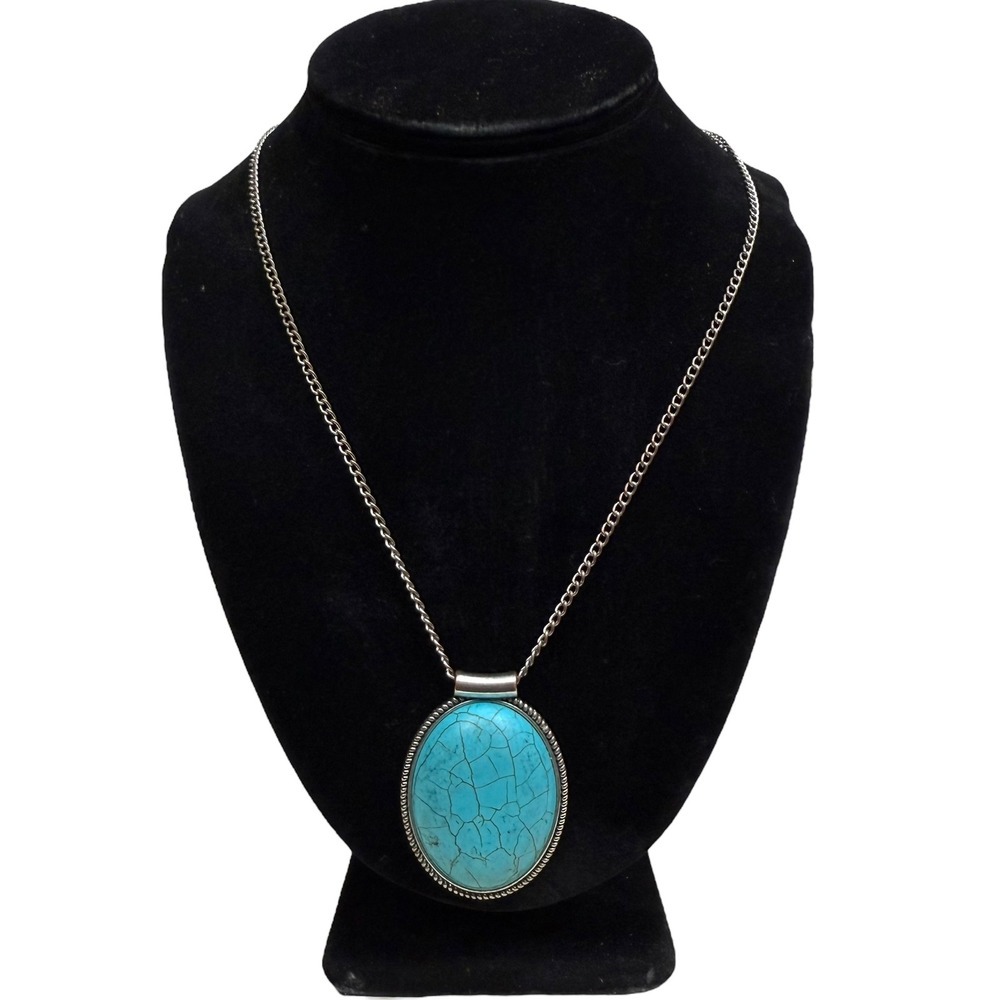Turquoise Stone Pendant Necklace Silver Chain Boho Fashion Jewelry Sz 11.5 in L